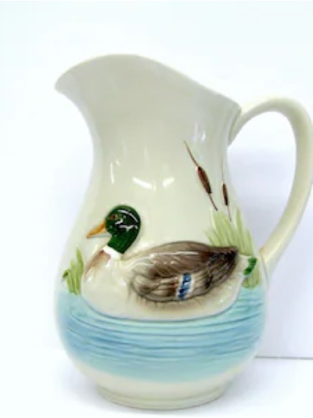 Vintage Otagiri Cream Ceramic Pitcher Mallard Duck Cattails Motif Japan 1980